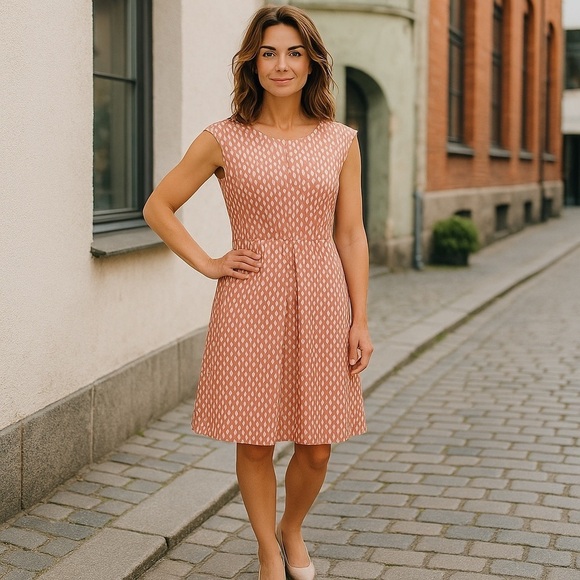 PESERICO DOT DASH ORANGE CAP SLEEVE ROUND NECK INVERTED PLEAT DRESS - Picture 1 of 16